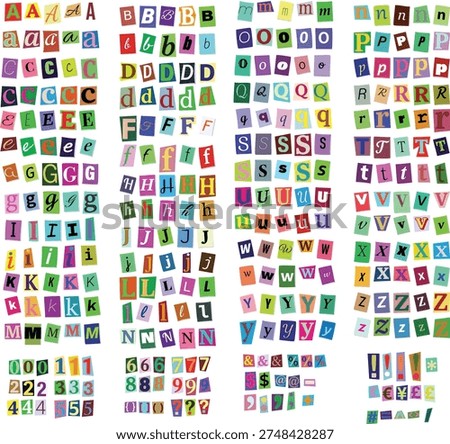 A large collection of colorful, individually cut-out letters, numbers, and symbols from various papers, resembling a ransom note alphabet.