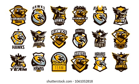 A large collection of colorful logos, badges, emblems on the theme of a hawk. Flying bird, hunter, predator, dangerous animal, shield, lettering. Mascot sports club, vector illustration