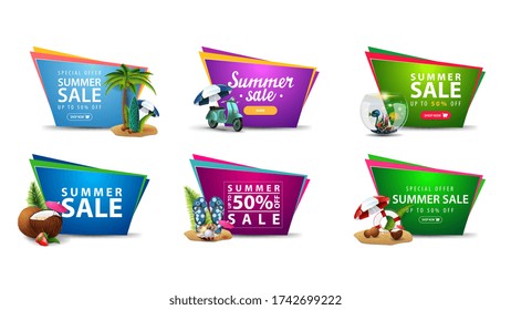 Large collection of colorful summer discount banners in the form of geometric irregular shapes with summer elements. Discount banner with summer icons, buttons and large offer for your website