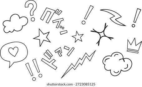 Grande colección de iconos de contorno de estilo cómico con estrellas relámpagos nubes corazón discurso burbuja y signos de interrogación