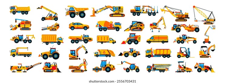 Large collection of construction equipment. Set of commercial vehicles for construction work. Excavator, tractor, bulldozer, asphalt paver, concrete mixer, loader, telehandler. Vector illustration.