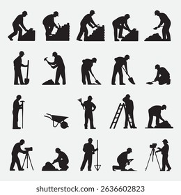 Large collection of construction worker silhouettes performing various tasks on white background