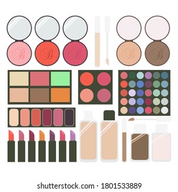 Large collection of cosmetics. Eye shadow, blush, powder, foundation, concealer, lipstick. Set of vector flat icons isolated on white background.