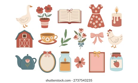 Large collection of cottagecore lifestyle elements including flowers, barn, teacup and decorative objects in soft pastel tones. Ideal for branding and creative projects.