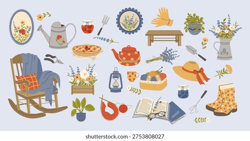 Large collection of cottagecore lifestyle elements. Flat vector illustration featuring garden tools, rocking chair, knitting basket, books, and flowers. Perfect for hobby and home decor branding.