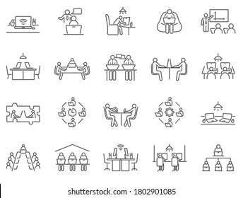 Large collection of co-working or teamwork icons showing groups of businesspeople in meetings or remote working, black and white line drawn vector illustrations