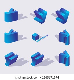 Large collection of creative isometric 3d typography design. Russian letter Y in various foreshortening with shadows in blue color. Vector illustration good for logo creation and writing