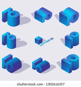 Large collection of creative isometric 3d typography design. Russian letter Yu in various foreshortening with shadows in blue color. Vector illustration good for logo creation and writing
