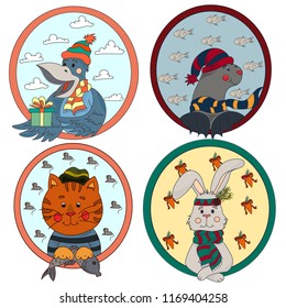 A large collection of cute animals and birds on a New Year theme