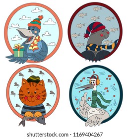 A large collection of cute animals and birds on a New Year theme