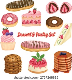 A large collection of cute cartoon dessert illustrations. Featuring a pancake stack, strawberry cheesecake, donuts, fruit sando, chocolate chip cookies, strawberry mochi, eclair, and cupcake. Ideal for cafe menus, bakery branding, stickers, kitchen decor, and sweet-themed designs.