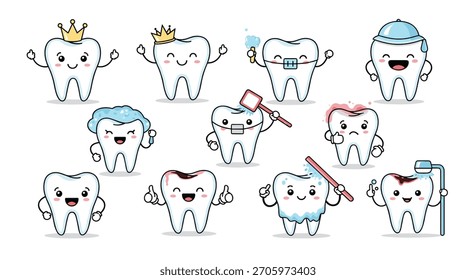 A large collection of cute cartoon teeth characters showing different emotions and dental hygiene situations like brushing and decay.