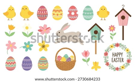 Large collection of cute Easter and spring themed elements including bunnies, chicks, decorated eggs, flowers, and birdhouses.