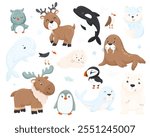Large collection of cute funny wild polar animals and birds. Set of adorable mammals and arctic objects isolated on white background. Fauna of the north. Colorful vector illustration in flat style.