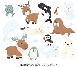 Large collection of cute funny wild polar animals and birds. Set of adorable mammals and arctic objects isolated on white background. Fauna of the north. Colorful vector illustration in flat style.