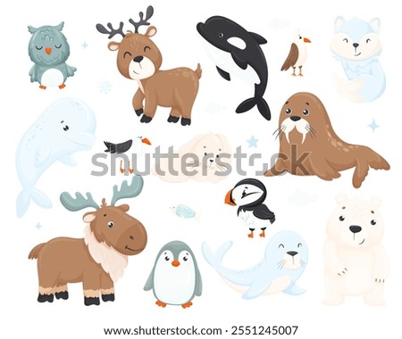 Large collection of cute funny wild polar animals and birds. Set of adorable mammals and arctic objects isolated on white background. Fauna of the north. Colorful vector illustration in flat style.