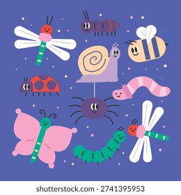 Large collection of cute insect characters including butterfly, bee, dragonfly, ladybug, spider, snail and caterpillar in a warm flat illustration style for kids education, nature exploration projects and nursery wall art designs with textured finish and friendly expressions over 150 characters.