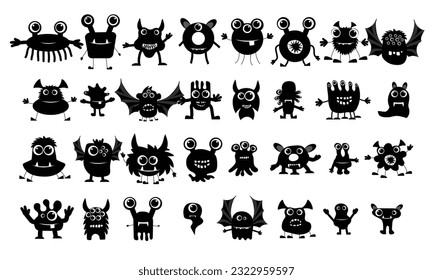 Large collection of cute monsters in black color. Big Halloween set of monsters isolated on white background. Silhouette vector illustration.