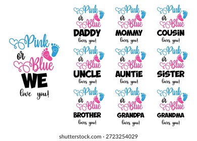 Large collection of cute pink and blue baby shower themed icons and symbols including toys and decorations isolated on white background.