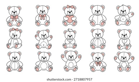 Grande colección de lindas ilustraciones de contorno de oso de peluche en varias poses y con diferentes accesorios como lazos y corazones.