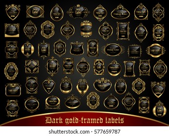 Large collection of dark gold-framed labels in vintage style