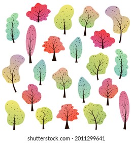 Large collection of deciduous cartoon trees. Fairytale forest with plants of different shapes and colors. Trend gradients. Hand draw and doodle style. Baby illustration for design of greeting cards