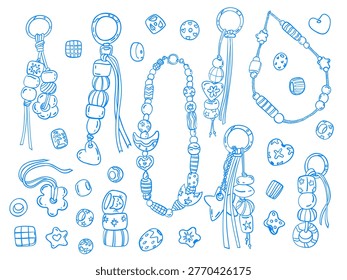 A large collection of decorative clay bead illustrations. Beads, keychains, and jewelry decor. Handcrafted hobby. Hand-drawn vector sketches and drawings. Flat isolated icons in a Mediterranean style