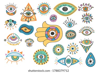 Gran colección de ojos decorativos coloridos iconos talisman aislados en blanco para elementos de diseño, ilustración vectorial de color