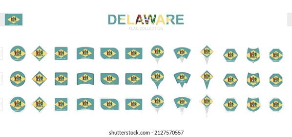 Large collection of Delaware flags of various shapes and effects. Big set of vector flag.