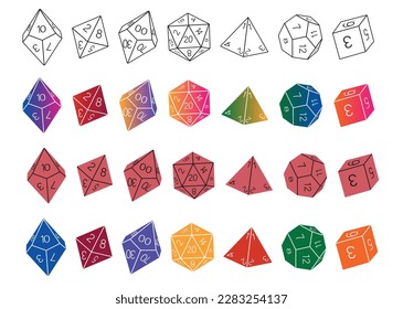 Colección grande de dados sobre un fondo blanco, dibujado a mano. D8 D10 D12 D20 Correos dados, dados RPG para juegos de mesa vector