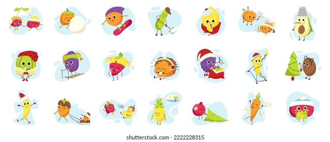 A large collection of different cartoon fruits and vegetables. Cute funny characters on winter holidays. Kawaii clipart for the design of New Year and Christmas greeting cards, banners, posters.