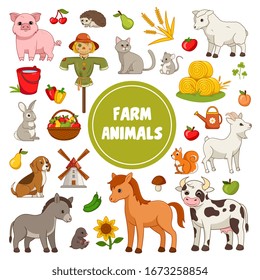 Large collection of different colorful Farm Animal icons together with a windmill, fruit, wheat, scarecrow logs, sunflower and bucket isolated on white for design elements, vector illustration