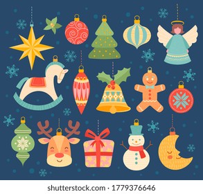 Large collection of different colorful festive Christmas ornaments for an Xmas tree over a cool blue winter background with snowflakes, colored vector illustration