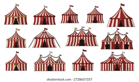 Grande coleção de diferentes tendas de circo listradas vermelhas e brancas com bandeiras e bunting em várias formas e tamanhos para temas de carnaval.