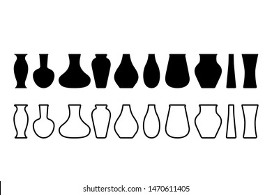 A large collection of different vases in a linear style. Silhouettes of antique and modern vases. flat vector illustration isolated on white background