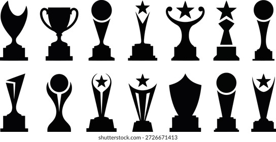 Large collection of distinct black trophy and award shapes, representing success, victory, and outstanding performance across disciplines.