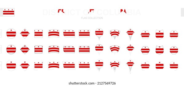 Large collection of District of Columbia flags of various shapes and effects. Big set of vector flag.