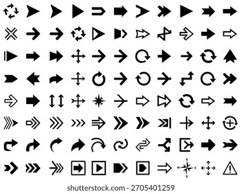 A large collection of diverse black arrow icons featuring solid, outlined, curved, circular, directional, and navigation symbols designed for  infographics, digital interfaces, and graphic design