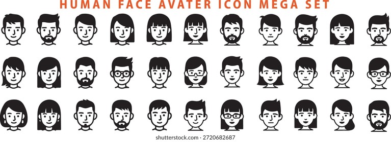 Grande coleção de diversos desenhos animados avatares de rosto humano para perfis e identificação com ícone e ilustração e gráfico e design e preto e branco e simples