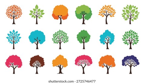 Large collection of diverse tree icons in various shapes, sizes, and autumn colors like orange, red, and green for environmental design projects.