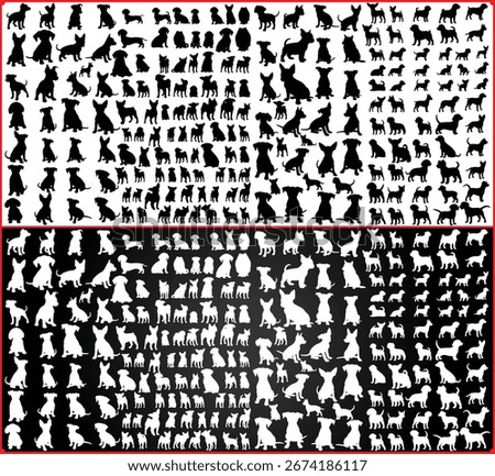 Large collection of dog silhouettes in various poses displayed in a divided black and white