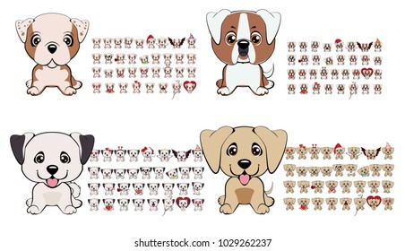 a large collection of dogs of different breeds with different emotions and different objects of clothing and accessories