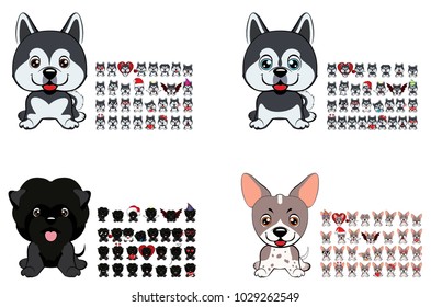 a large collection of dogs of different breeds with different emotions and different objects of clothing and accessories