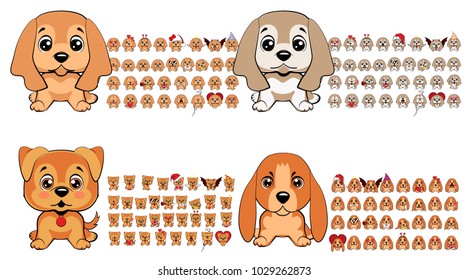 a large collection of dogs of different breeds with different emotions and different objects of clothing and accessories