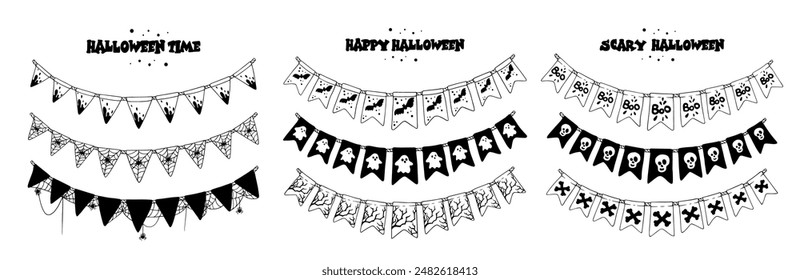 Large collection of doodle holiday flags for Halloween.Vector graphics.