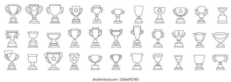 Large collection of doodle winner cups. Hand drawn win cup outline isolated on white background. Vector illustration.