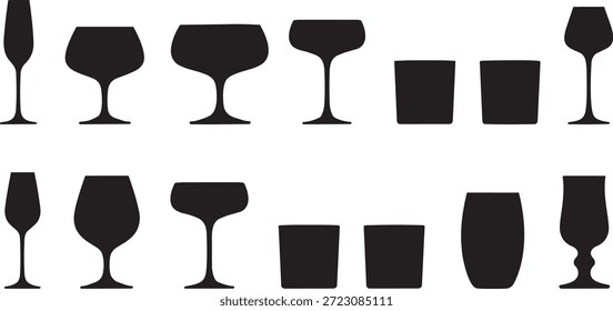 Grande colección de siluetas de vidrio para beber, incluidas copas de vino, copas de champán, copas de martini y vasos de cóctel