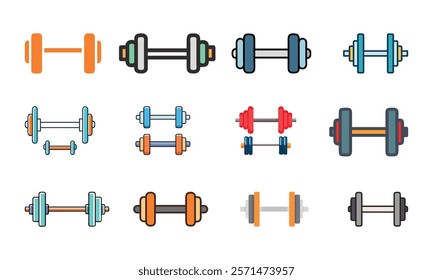 Large collection of dumbbell icons, A comprehensive set of dumbbell icons featuring a mix of black outlines and colorful designs, perfect for fitness and gym themes. 