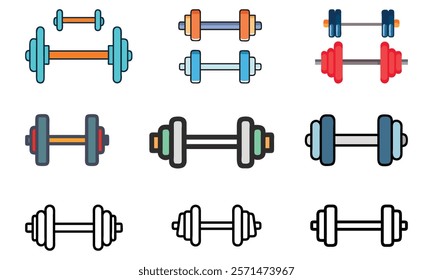 Large collection of dumbbell icons, A comprehensive set of dumbbell icons featuring a mix of black outlines and colorful designs, perfect for fitness and gym themes. 