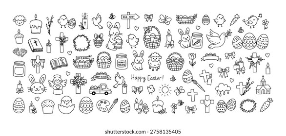 Large collection of Easter and religious doodles. Hand drawn icons including bunnies, eggs, crosses, flowers, and church for holiday design. Easter cute hand drawn elements set.